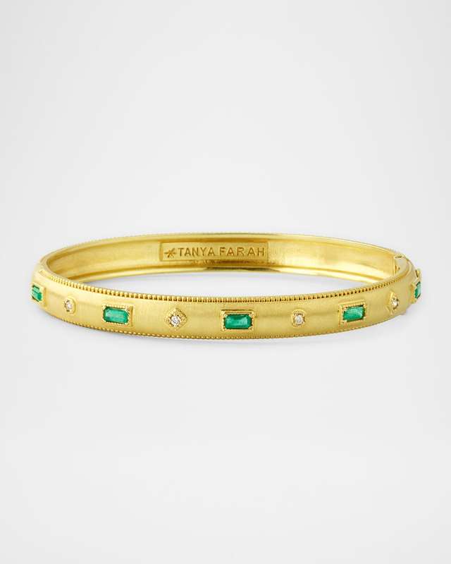 18K Yellow Gold Diamond and Emerald Bangle Bracelet